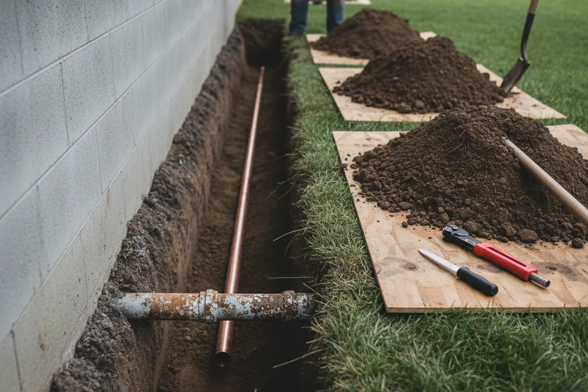 Excavated water line trench during Sewer Line Repair in Brentwood